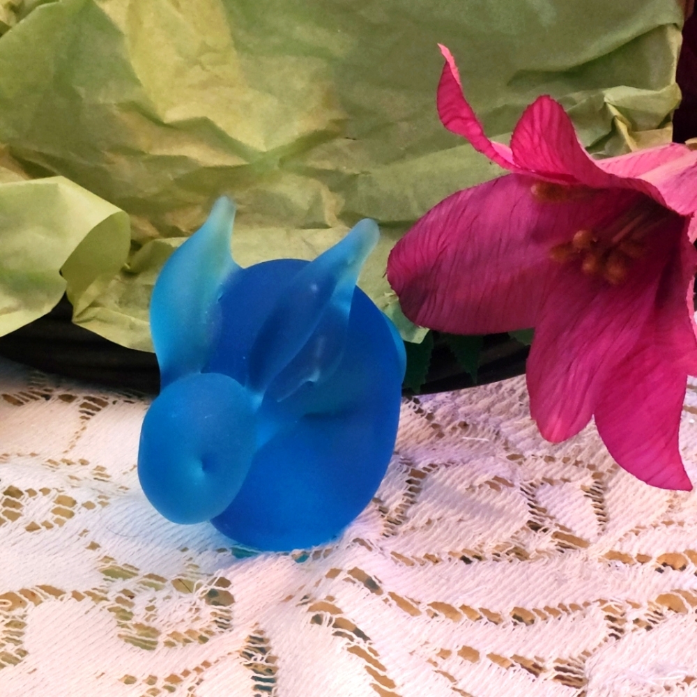 Blue Glass Rabbit Abstract Interpur Bunny Vtg Figurine Frosted Paperweight Cute